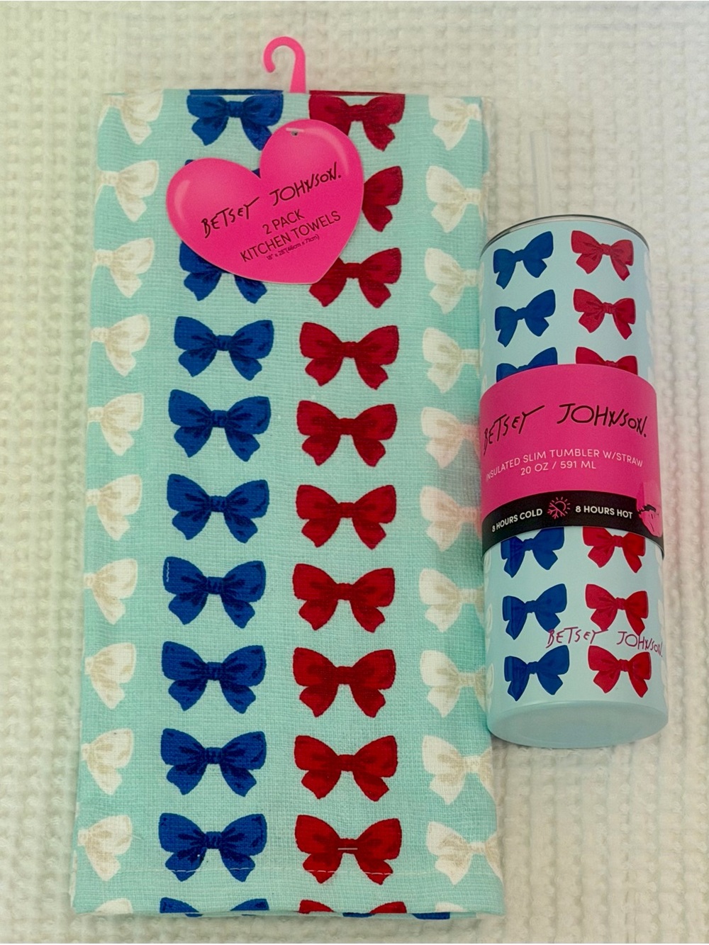 Betsey Johnson Patriotic Bows Kitchen Towels Slim Tumbler Matching Gift Set NWT